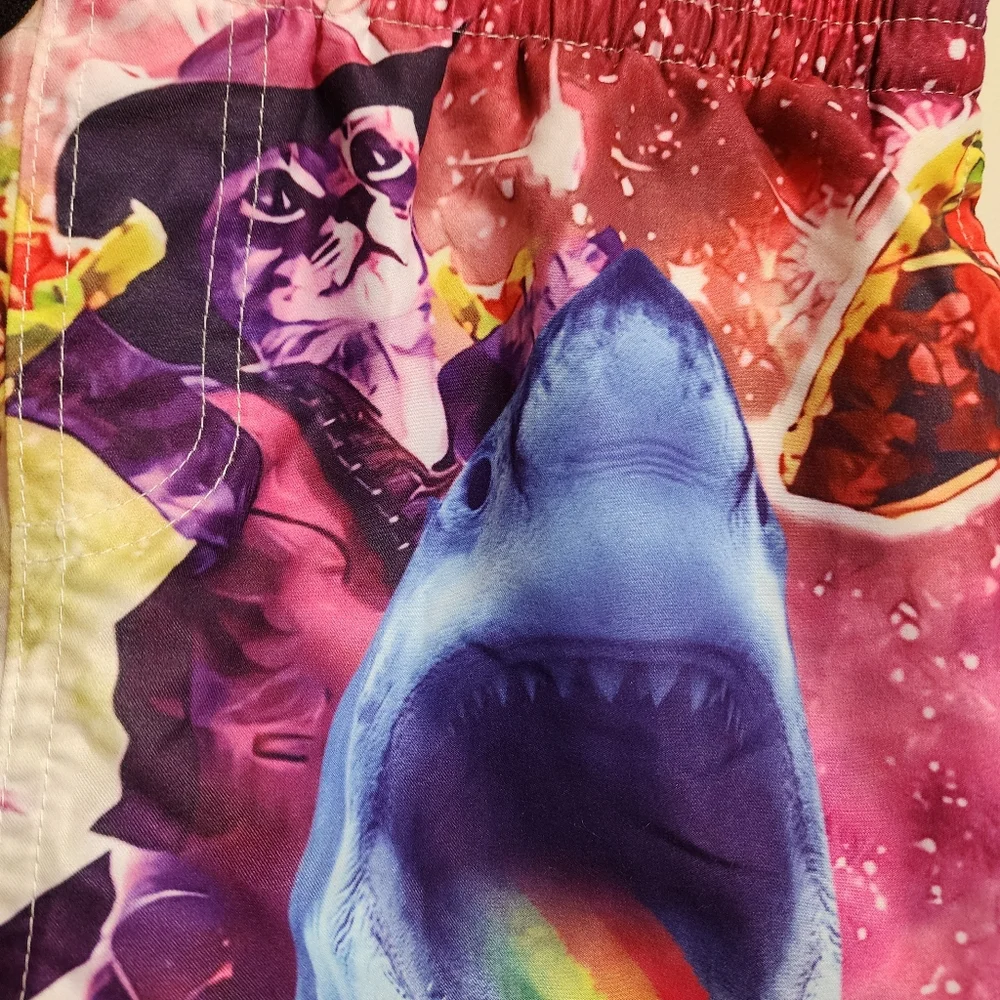 Cat riding a shark with tacos and rainbows swim suit men's size small